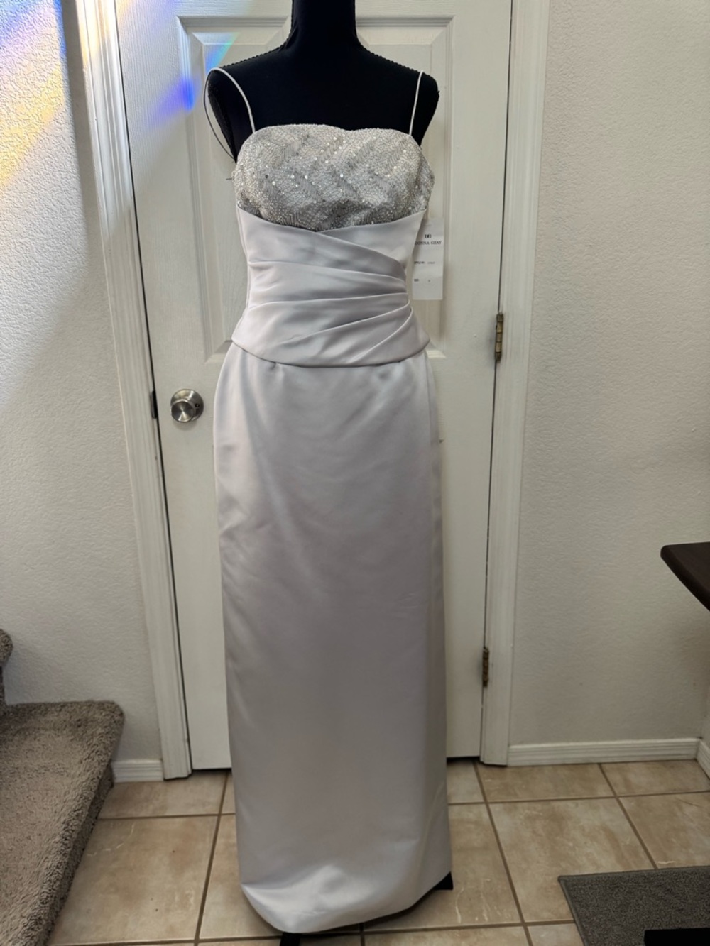Silver Beaded Bodice Satin Evening Gown